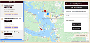 Screenshot of the HistoricalEuropeanMartialArts.com club finder for Vancouver