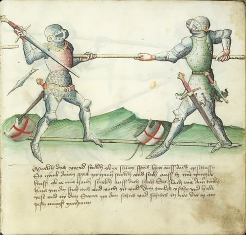 Drawing of an armored duel. The left duelist has a hold of his opponents spear and 