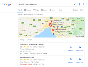 Google search results for sword fighting melbourne both with a HEMA group and a Budokai non-hema group