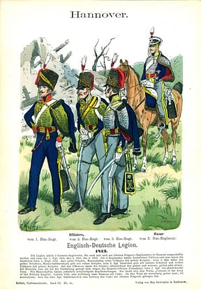 Print of Hussar light cavalry on foot and horse with sabres.