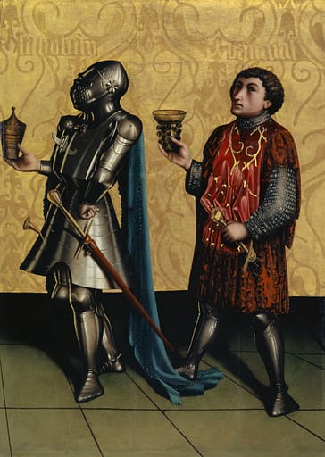 Painting of two men holding something while wearing swords and daggers on their waists. One is painted in full armor including helmet and the other without a helmet.