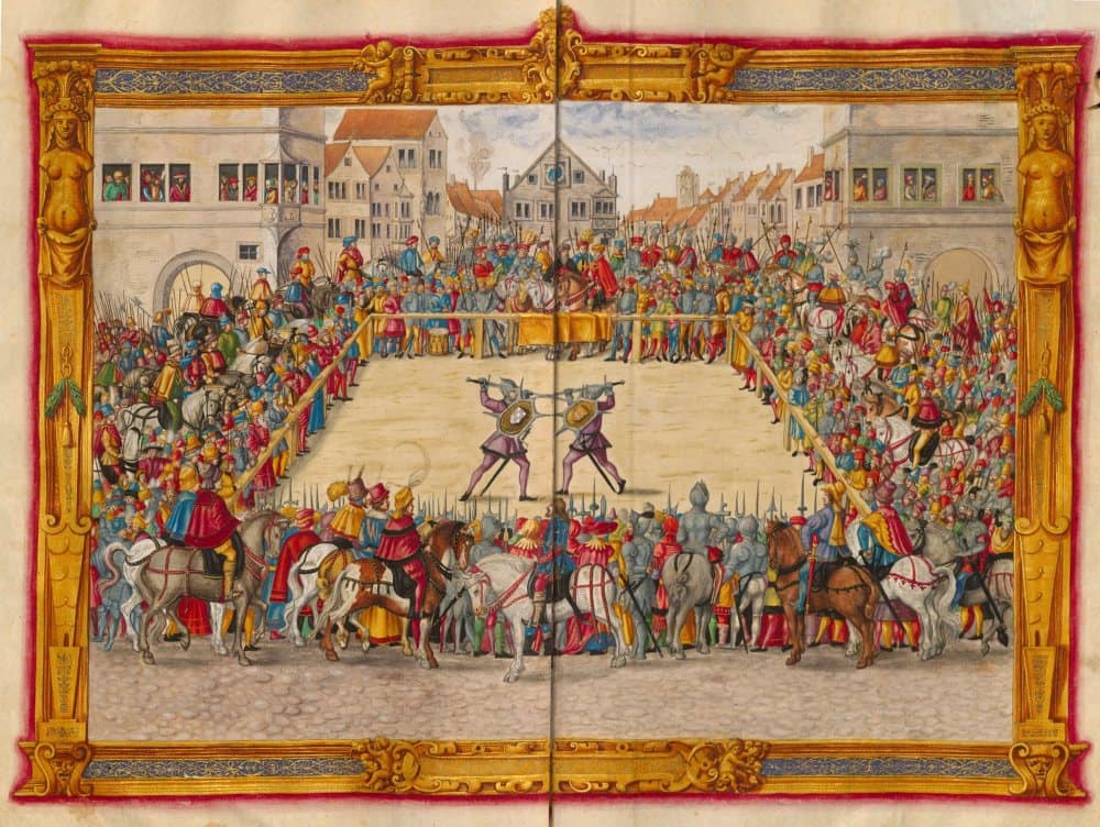 Drawing from 1540 of a Judicial Duel that happened in Augsburg in 1409.
The duelists face each other with sword and shield, armored with steel helmets and gloves.

There is a big area separated for the duelists called the barriers.

Outside of the barriers is a huge crowd of people on foot and horse watching the spectacle.