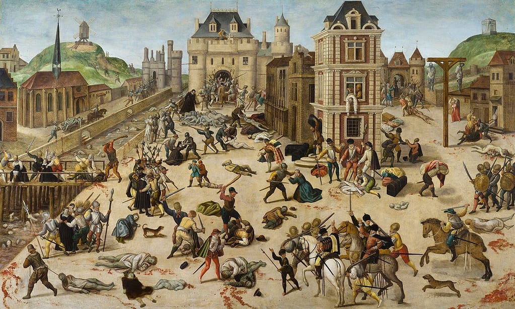Drawing of the St Bartholomew's Day massacre. You can see people slaughtering each other with various weapons like pole arms, swords or rifles.Most people drawn wear swords as their sidearms, some having them drawn.