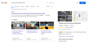 Google search resuts for historical fencing gothenburg with the two main clubs there showing up, the GFFG and the GHFS