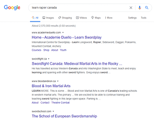 Google search results for learn rapier canada with the first three results being canadian clubs