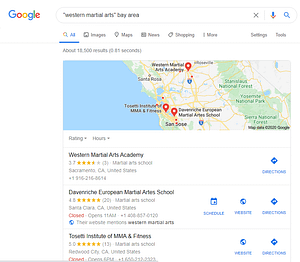 Google search results for "western martial arts" bay area with two HEMA clubs and an MMA club